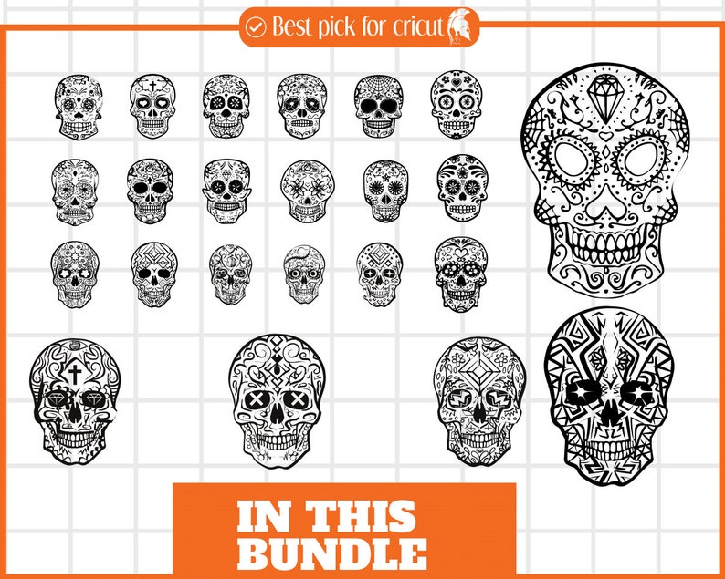May include: A set of 20 black and white sugar skull designs. The skulls are decorated with intricate patterns and details.  The designs are perfect for crafting projects, such as t-shirts, mugs, and home decor.
