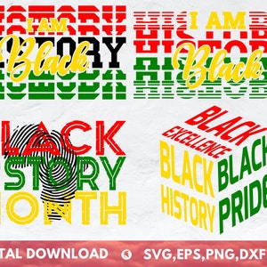 May include: Black History Month graphic design with the text "I AM BLACK HISTORY" in red, yellow, and green. The text "BLACK HISTORY MONTH" is in red, green, and yellow with a fingerprint in the middle. The text "BLACK EXCELLENCE BLACK HISTORY PRIDE" is in a 3D cube with red, yellow, and green colors.