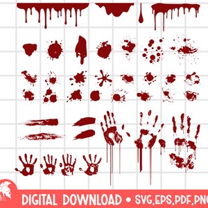 May include: A set of 30 digital blood splatter and handprint graphics in red. The graphics are perfect for creating spooky Halloween designs, horror movie posters, or other projects.