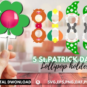 5 St Patricks Lollipop Holder SVG Cut File, St Patrick Candy Holder Svg, Cute Gnome Leprechaun Candy Holder, Chocolate Holder svg, Dxf