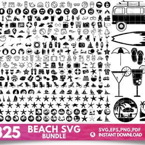 May include: A black and white digital download of 325 beach-themed SVG icons. The icons include a variety of beach-related items, such as palm trees, seashells, sunglasses, and beach chairs. The icons are perfect for use in crafting projects, web design, and more.