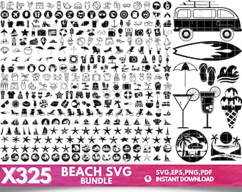 May include: A black and white digital download of 325 beach-themed SVG icons. The icons include a variety of beach-related items, such as palm trees, seashells, sunglasses, and beach chairs. The icons are perfect for use in crafting projects, web design, and more.