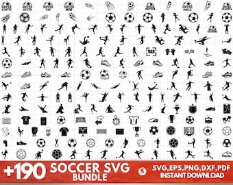Può includere: Un set di oltre 190 grafiche SVG di calcio in bianco e nero. Le grafiche includono giocatori, palloni, trofei, scarpe e altre immagini legate al calcio. Il testo "+190 SOCCER SVG BUNDLE" è in fondo all'immagine. Il testo "SVG, EPS, PNG, DXF, PDF INSTANT DOWNLOAD" è in fondo all'immagine.