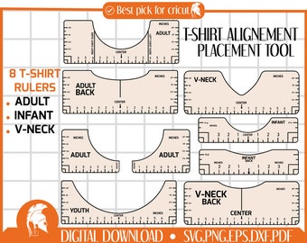 Può includere: Otto righelli di allineamento per magliette stampabili per magliette da adulto, neonato e scollo a V. I righelli sono in bianco e nero e presentano misure in pollici. Il testo "T-SHIRT ALIGNEMENT PLACEMENT TOOL" è in alto nell'immagine.