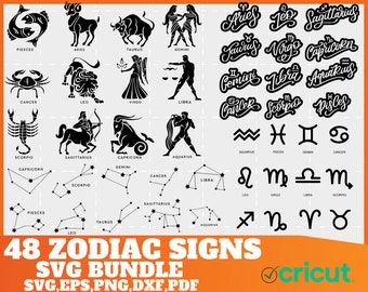 Zodiac Signs SVG Bundle, Horoscope SVG Bundle, Zodiac Signs Clipart Png, Horoscope Gift Svg, Cricut Cut Files, Positive Zodiac Traits Svg