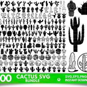 May include: A collection of over 200 black and white cactus SVG cut files. The image shows a variety of cactus shapes and sizes, including some with flowers. The text "+200 CACTUS SVG BUNDLE" is at the bottom of the image. The text "SVG, EPS, PNG, PDF INSTANT DOWNLOAD" is at the bottom right of the image.