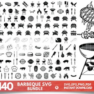 May include: A large collection of 140 black and white barbecue SVG icons. The icons include various grilling tools, food, and accessories. The icons are perfect for creating digital designs, crafts, and projects.