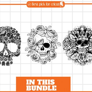 May include: Three black and white skull illustrations with floral designs. The first skull is surrounded by flowers and leaves. The second skull has a butterfly on its forehead and is surrounded by roses. The third skull is wearing a crown and is surrounded by roses and leaves.