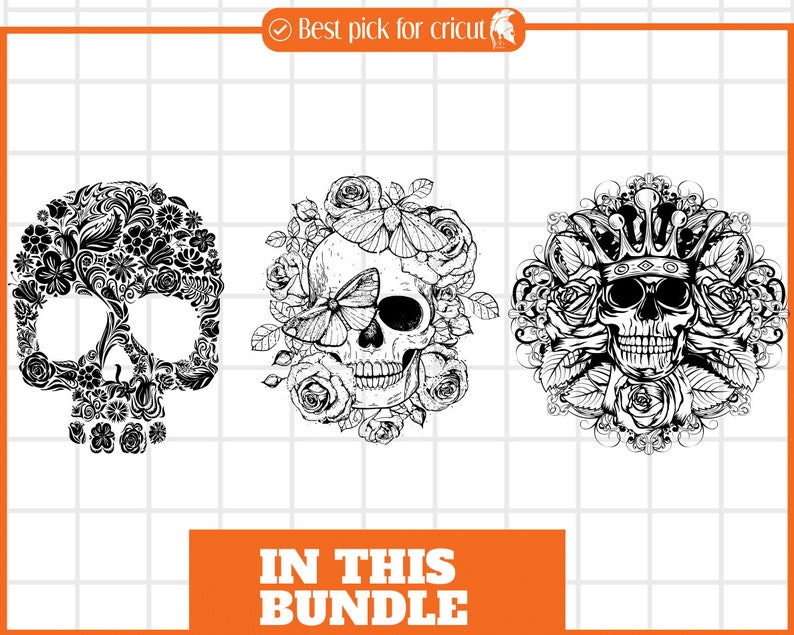 May include: Three black and white skull illustrations with floral designs. The first skull is surrounded by flowers and leaves. The second skull has a butterfly on its forehead and is surrounded by roses. The third skull is wearing a crown and is surrounded by roses and leaves.
