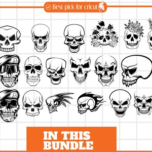May include: A collection of 20 black and white skull illustrations. The skulls are in various styles, including a skull with a military beret, a skull with flowers, and a skull with flames. The skulls are all in a simple, graphic style.