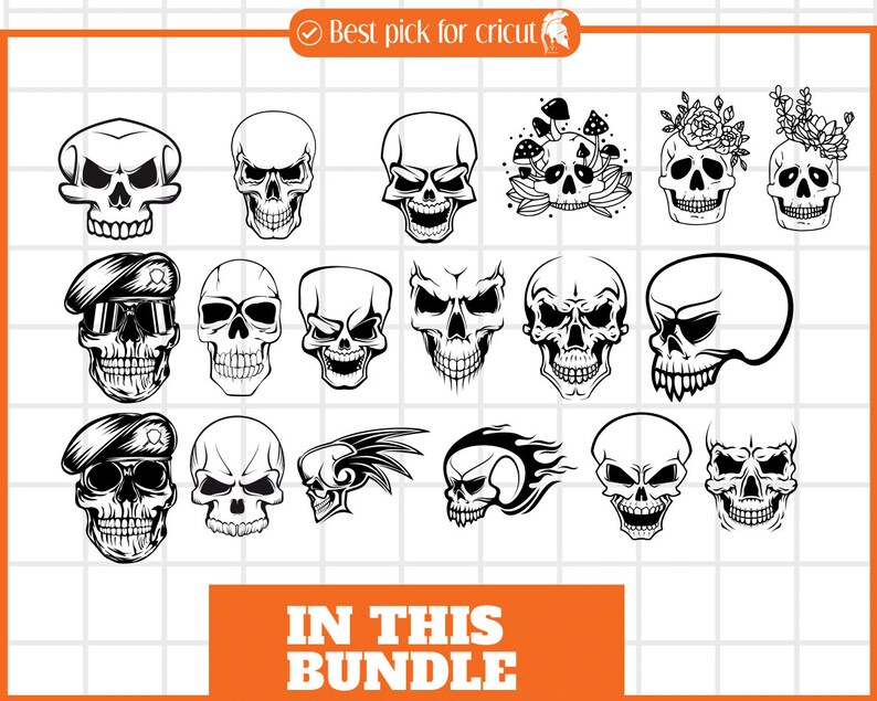 May include: A collection of 20 black and white skull illustrations. The skulls are in various styles, including a skull with a military beret, a skull with flowers, and a skull with flames. The skulls are all in a simple, graphic style.