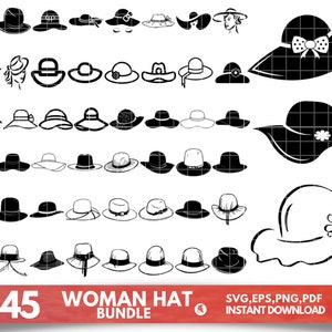 Puede incluir: Una colección de 45 imágenes en silueta en blanco y negro de sombreros para mujeres. Los sombreros son de varios estilos, incluyendo sombreros de sol, sombreros flojos y fedoras. Las imágenes son perfectas para manualidades, scrapbooking o diseño digital.