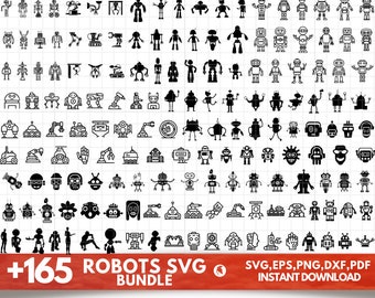 May include: A set of 165 black and white robot SVG illustrations. The robots are in various poses and styles, including walking, standing, and holding tools. The illustrations are perfect for use in digital projects, such as website design, social media graphics, and printable crafts.
