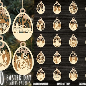 May include: Twenty laser cut Easter egg ornaments with three layers each. The ornaments feature various Easter themes, including bunnies, eggs, flowers, and a truck with a basket of eggs. The ornaments are made of wood and are ready to be assembled.