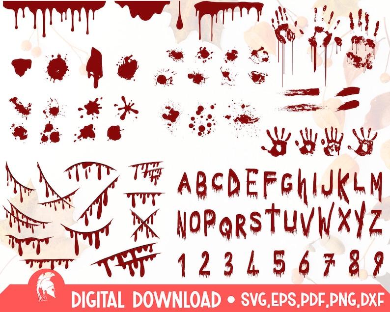 May include: A digital download of a set of red dripping blood graphics, including alphabet letters, numbers, handprints, and splatters. The graphics are perfect for creating spooky Halloween designs.