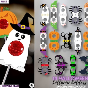 Puede incluir: Un conjunto de 14 soportes para piruletas de Halloween imprimibles. Los diseños incluyen un fantasma, una calabaza, una araña, un gato, una bruja y un ataúd. El texto "14 HALLOWEEN Lollipop holders SVG, EPS, PNG, DXF, PDF" está en la parte inferior de la imagen.