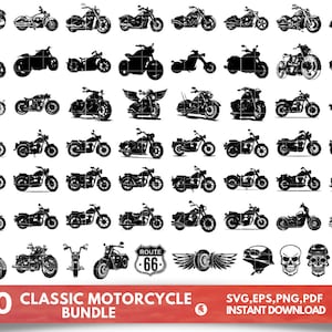Könnte beinhalten: Ein Set mit 60 schwarzen und weißen klassischen Motorrad-Silhouetten-SVG-Schnittdateien. Die Motorräder sind in verschiedenen Stilen, darunter Chopper, Cruiser und Sportbikes. Die Dateien sind perfekt, um eigene Designs für T-Shirts, Tassen, Aufkleber und mehr zu erstellen.