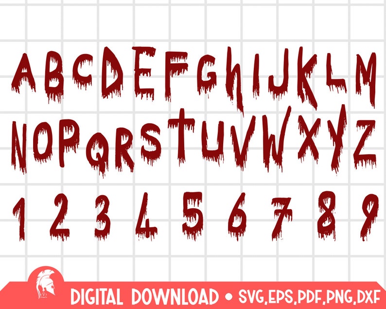 May include: A dripping blood font alphabet with uppercase letters A through Z and numbers 1 through 9. The font is red and has a dripping effect, as if it were blood.