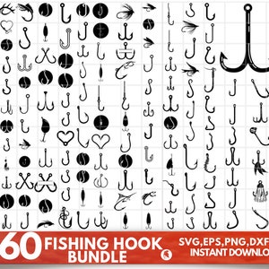 May include: A digital download bundle of over 160 black and white fishing hook illustrations. The hooks are in various styles and sizes. The text "+160 FISHING HOOK BUNDLE" is at the bottom of the image. The text "SVG, EPS, PNG, DXF, PDF INSTANT DOWNLOAD" is at the bottom right of the image.