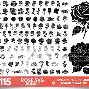 Puede incluir: Un paquete de descarga digital de 115 archivos SVG de rosas en blanco y negro. El paquete incluye una variedad de diseños de rosas, incluyendo rosas individuales, ramos de rosas y capullos de rosas. El texto "+115 ROSE SVG BUNDLE" está en la parte inferior de la imagen. El texto "SVG, EPS, PNG, PDF, DXF INSTANT DOWNLOAD" está en la parte inferior de la imagen.