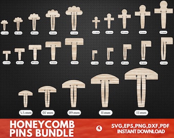 May include: A set of 10 honeycomb pin designs in various sizes, ranging from 5.5 mm to 13 mm. The pins are made of wood and have a natural finish. The designs include a cloud, a T-shape, and a cross. The image includes the text "HONEYCOMB PINS BUNDLE" and "SVG, EPS, PNG, DXF, PDF INSTANT DOWNLOAD".