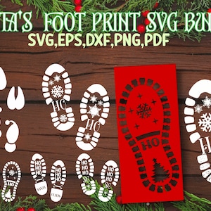 Puede incluir: Un conjunto de archivos SVG con temática navideña que presenta huellas de Santa, copos de nieve y el texto "HO". Incluye varios formatos de archivo como SVG, EPS, DXF, PNG y PDF. El diseño es en blanco y rojo.