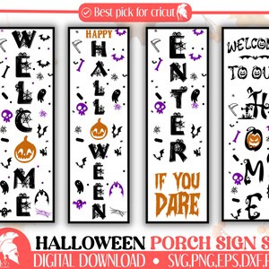 ハロウィーンのポーチ サイン SVG バンドル、ウェルカム サイン SVG、秋のポーチ サイン、ドア サイン SVG、不気味なウェルカム サイン、Cricut 用カット ファイル、シルエット。