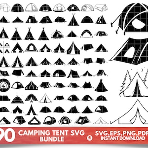 May include: A set of 90 black and white camping tent SVG cut files. The tents are in various styles, including dome, teepee, and A-frame. The image includes the text "X90 Camping Tent SVG Bundle" and "SVG, EPS, PNG, PDF Instant Download".