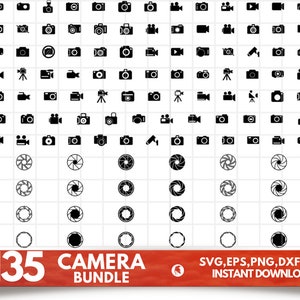 May include: A set of 135 black and white camera and video camera icons. The icons are arranged in a grid pattern on a white background. The text "+135 CAMERA BUNDLE" is at the bottom of the image. The text "SVG, EPS, PNG, DXF, PDF INSTANT DOWNLOAD" is at the bottom right of the image.