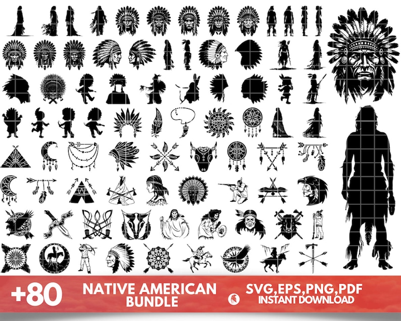 K&ouml;nnte beinhalten: Eine Sammlung von &uuml;ber 80 Schwarzwei&szlig;-Vektorillustrationen zum Thema Native American. Die Illustrationen umfassen Kopfbedeckungen, Traumf&auml;nger, Pfeile, Tipis und mehr. Der Text "+80 Native American Bundle SVG, EPS, PNG, PDF Sofort-Download" befindet sich am unteren Rand des Bildes.