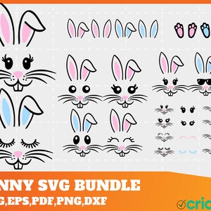 May include: A digital download of a bunny SVG bundle. The bundle includes various bunny parts, such as ears, eyes, noses, and mouths. The bunny parts are in black, white, pink, and blue.