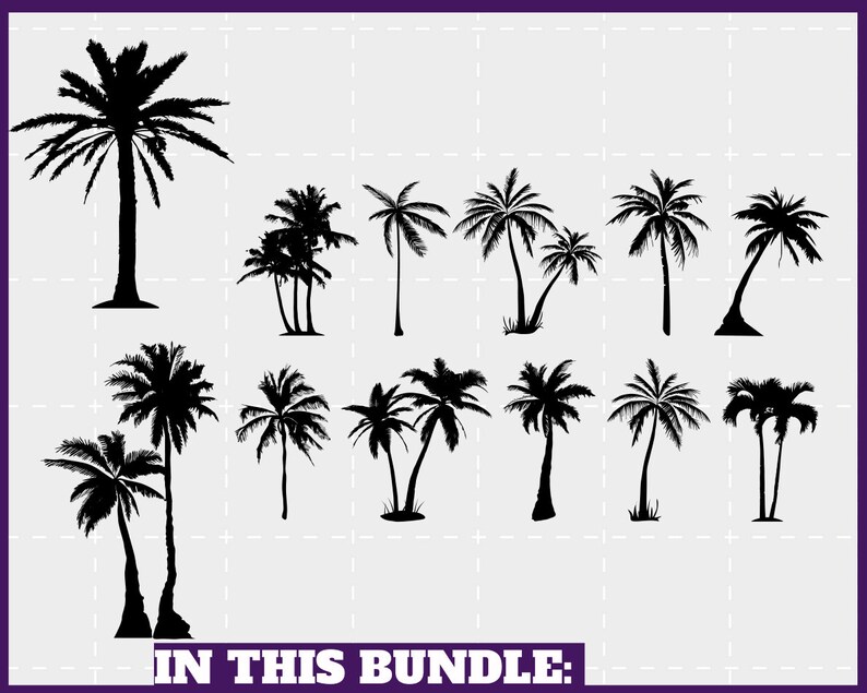May include: A collection of black palm tree silhouettes in various styles. The image includes a variety of palm tree designs, from tall, single trees to groupings of multiple trees. Text at the bottom reads "IN THIS BUNDLE:"