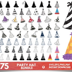 May include: A set of over 75 party hat illustrations in various styles and colors, including black and white, polka dots, stripes, and solid colors. The hats are in a variety of shapes and sizes, and some have embellishments like bows or tassels. The image includes the text "Party Hat Bundle" and "+75".