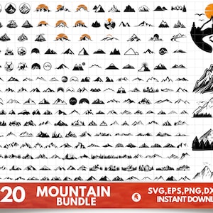 225 Mountain and forest SVG bundle, Mountain svg clipart, Mountain and forest silhouettes clipart, Hills svg, sun svg, moon svg, trees svg zdjęcie 1