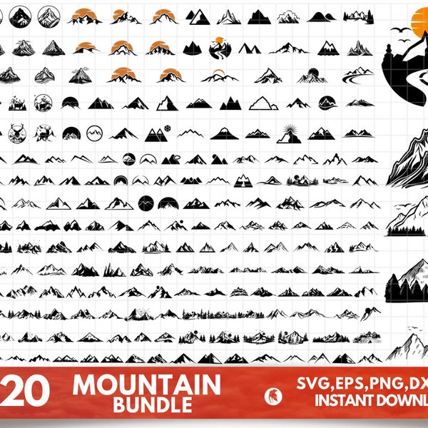 225 bundle SVG montagne et forêt, clipart svg montagne, clipart silhouettes montagne et forêt, svg collines, svg soleil, svg lune, svg arbres