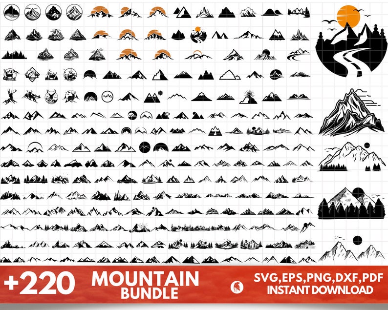 Op de afbeelding: Een digitale download van meer dan 220 zwart-witte berg silhouet illustraties. De illustraties omvatten verschillende bergvormen, maten en stijlen, waaronder bergen met toppen, valleien en bomen. De illustraties zijn perfect voor gebruik in knutsel-, scrapbooking- en digitale ontwerp projecten.