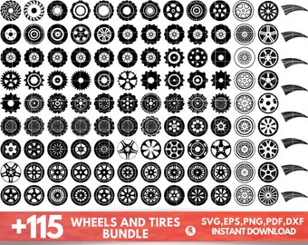 Pakiet 112 kół SVG, opony SVG, opony SVG, koła DXF, koła PNG, koła EPS, wektory kół, pliki wycięte koła, koła SVG, koła samochodu SVG