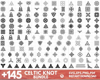 May include: A digital download of 145 Celtic knot designs in black and white. The designs are arranged in a grid pattern on a white background. The text "+145 Celtic Knot Bundle" is at the bottom of the image. The text "SVG, EPS, PNG, PDF Instant Download" is at the bottom right of the image.