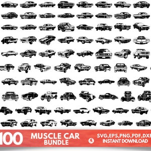 May include: A collection of 100 black and white silhouette images of classic muscle cars. The images are in a grid format and include various makes and models of cars.