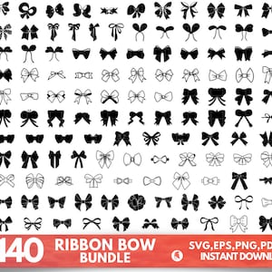 Puede incluir: Una colección de más de 140 ilustraciones de lazos de cinta en blanco y negro. Los lazos son de varias formas y tamaños. La imagen incluye el texto "+140 RIBBON BOW BUNDLE" y "SVG, EPS, PNG, PDF, DXF INSTANT DOWNLOAD".