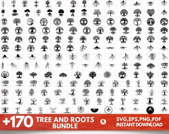 May include: A collection of over 170 black and white tree and root illustrations. The images are arranged in a grid pattern. The text "+170 Tree and Roots Bundle" is at the bottom left of the image. The text "SVG, EPS, PNG, PDF Instant Download" is at the bottom right of the image.