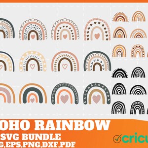 May include: A set of 25 digital cut files featuring boho rainbow designs in various colors and styles. The designs include rainbows with hearts, stars, and other patterns. The text "BOHO RAINBOW SVG BUNDLE SVG, EPS, PNG, DXF, PDF" and the Cricut logo are also included.