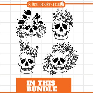 May include: Four black and white illustrations of skulls with different floral and mushroom designs. The skulls are outlined in black and have a simple, minimalist style.