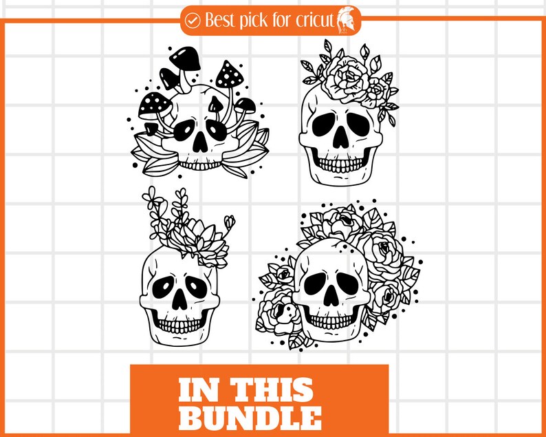 May include: Four black and white illustrations of skulls with different floral and mushroom designs. The skulls are outlined in black and have a simple, minimalist style.
