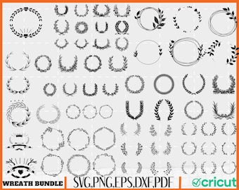 May include: A set of 50 black and white wreath SVG cut files. The wreaths are in various styles, including simple circles, laurel wreaths, and floral wreaths. The text "WREATH BUNDLE SVG,PNG,EPS,DXF,PDF cricut" is at the bottom of the image.