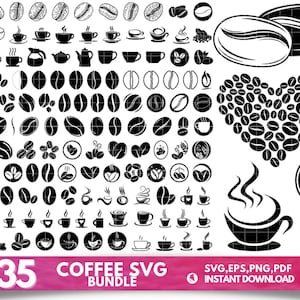Könnte beinhalten: Ein Set mit 135 Schwarzweiß-SVG-Dateien zum Thema Kaffee. Die Bilder beinhalten Kaffeebohnen, Tassen, Becher und andere kaffeebezogene Designs. Der Text "+135 Coffee SVG Bundle" und "SVG, EPS, PNG, PDF Sofort-Download" ist im Bild enthalten.