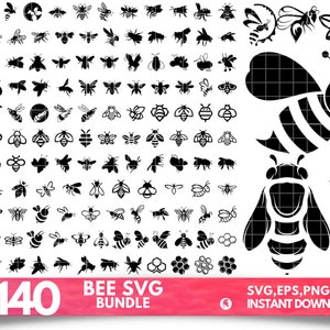 Op de afbeelding: Een digitale download van 140 bijen SVG-bestanden. De afbeelding toont een verscheidenheid aan bijenontwerpen, waaronder bijen met vleugels, bijen met honingraten en bijen met bloemen. De tekst "BEE SVG BUNDLE" staat onderaan de afbeelding.
