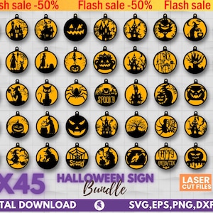 May include: A set of 45 Halloween-themed SVG cut files for crafting. The designs include various spooky and festive elements like pumpkins, ghosts, bats, witches, and more. The files are perfect for creating personalized Halloween decorations, signs, and other projects.
