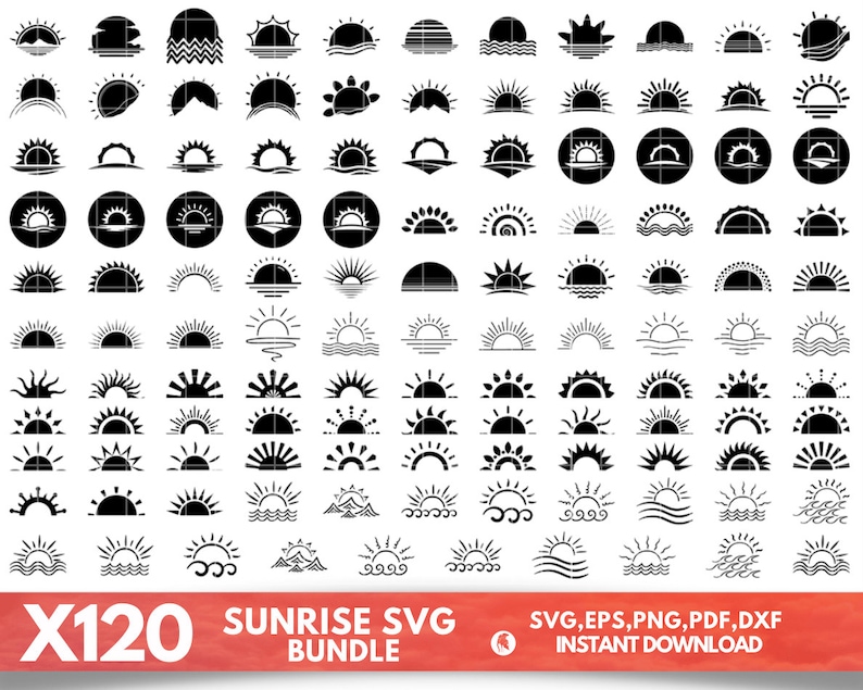 May include: A set of 120 black and white sunrise SVG designs. The designs feature various styles of sunrises, including sunrises with waves, mountains, and rays of light.
