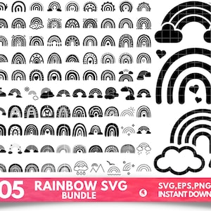 Puede incluir: Un conjunto de 105 diseños de arcoíris SVG en blanco y negro. Los diseños incluyen arcoíris con corazones, estrellas, nubes y otros elementos decorativos. El texto '+105 RAINBOW SVG BUNDLE' está en la parte inferior de la imagen. El texto 'SVG, EPS, PNG, PDF INSTANT DOWNLOAD' está en la parte inferior derecha de la imagen.